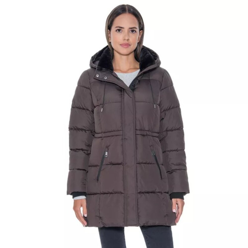 Women's 3/4 Puffer Coat with Cozy Faux Fur - S.E.B. By Sebby